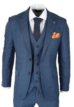 Herren 3-teiliger blauer Anzug Prince Of Wales Karo Klassisch Leicht Maßgeschneidert Modern