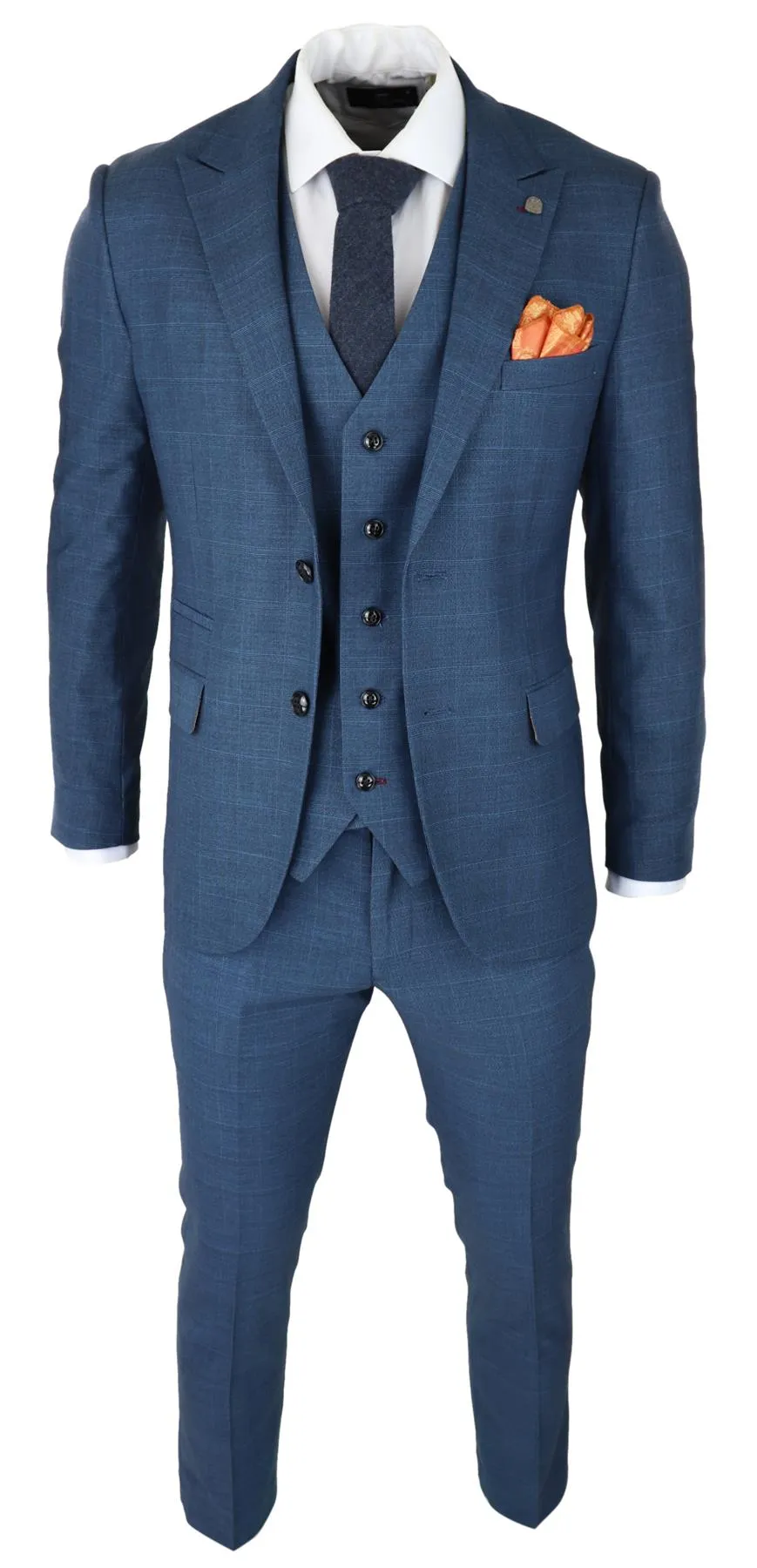 Herren 3-teiliger blauer Anzug Prince Of Wales Karo Klassisch Leicht Maßgeschneidert Modern