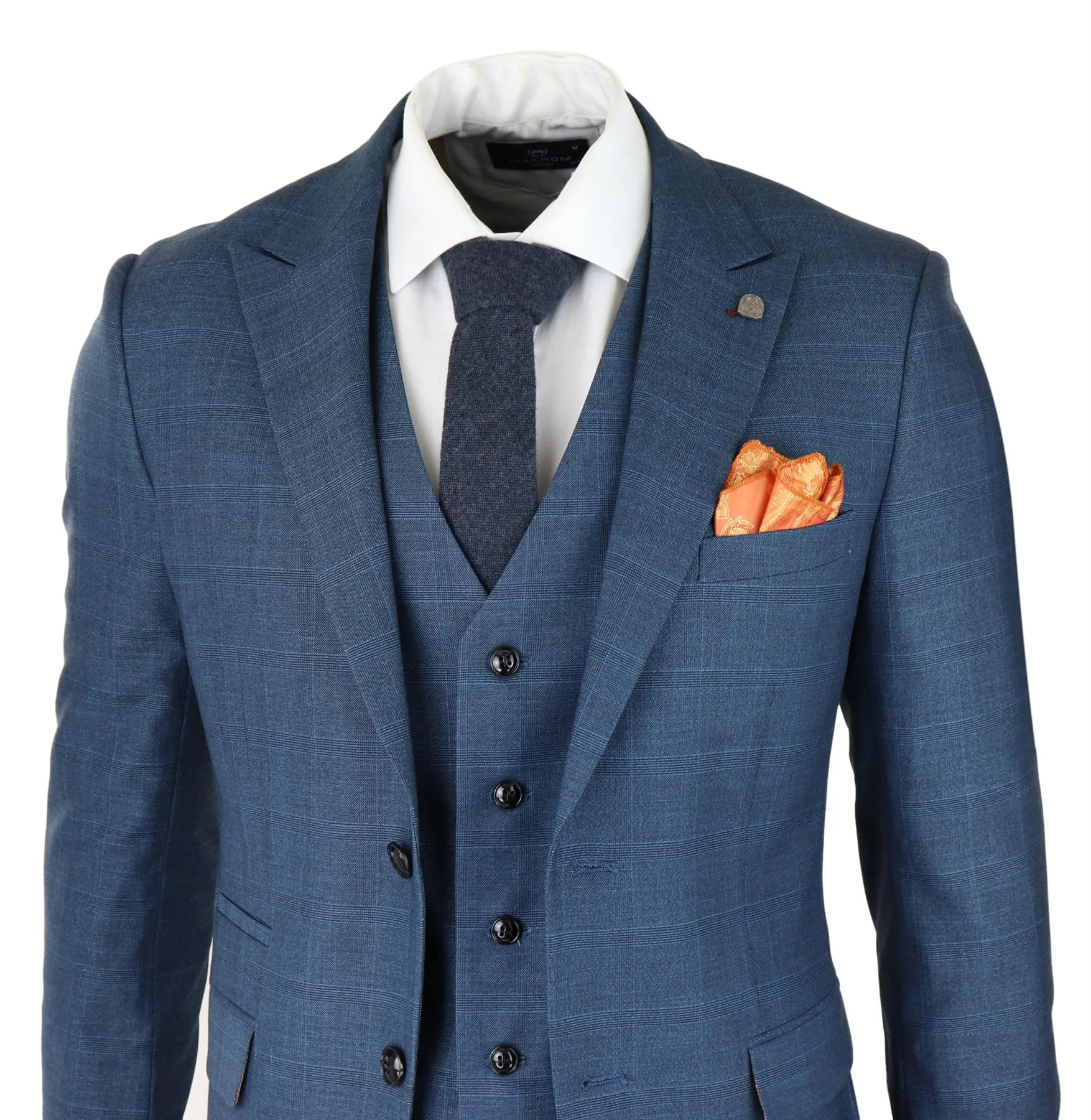 Herren 3-teiliger blauer Anzug Prince Of Wales Karo Klassisch Leicht Maßgeschneidert Modern