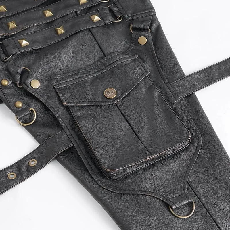 Herren-Gothic-Hose mit großen Taschen und bronzenen Nieten aus Kunstleder