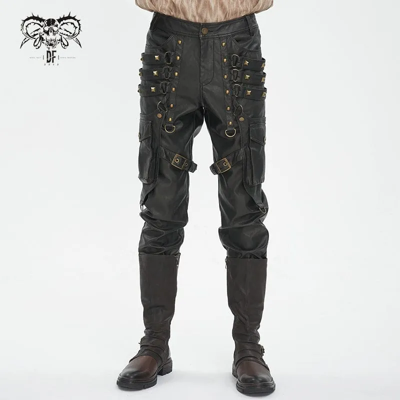 Herren-Gothic-Hose mit großen Taschen und bronzenen Nieten aus Kunstleder