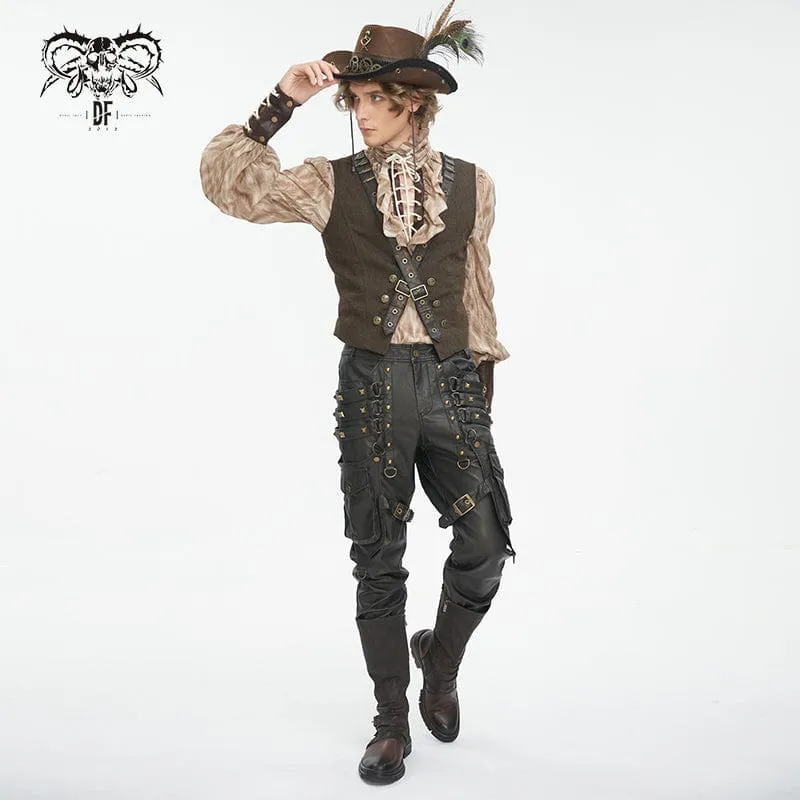 Herren-Gothic-Hose mit großen Taschen und bronzenen Nieten aus Kunstleder