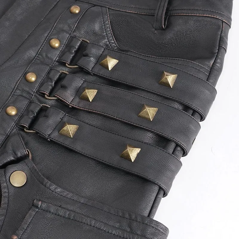 Herren-Gothic-Hose mit großen Taschen und bronzenen Nieten aus Kunstleder