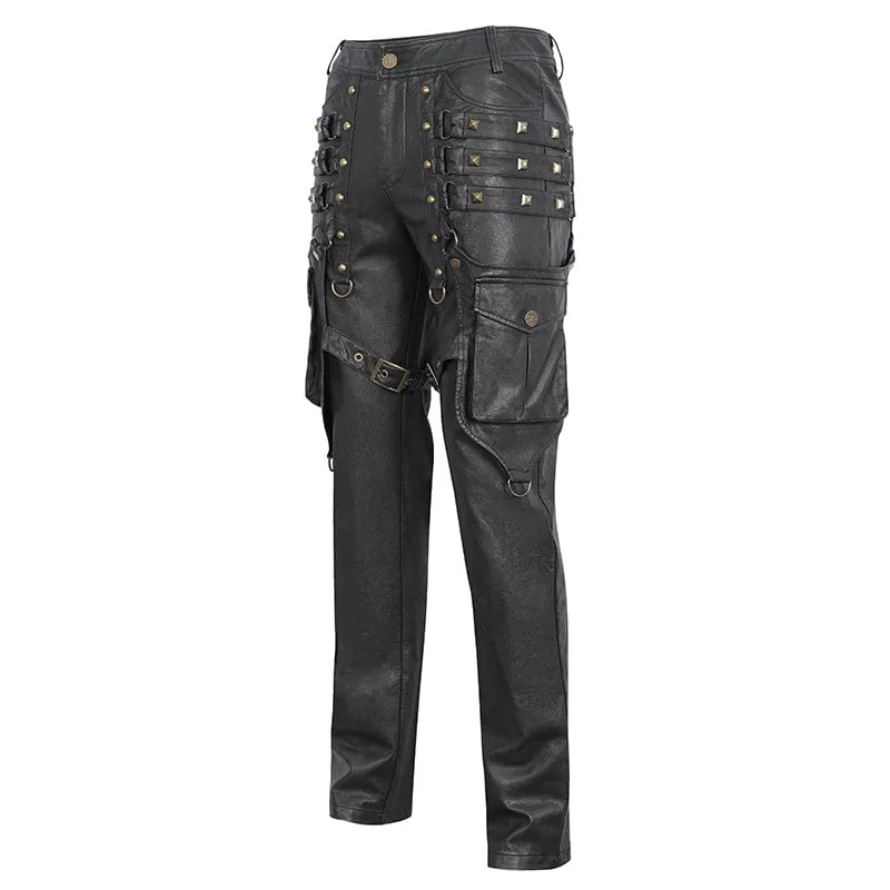 Herren-Gothic-Hose mit großen Taschen und bronzenen Nieten aus Kunstleder