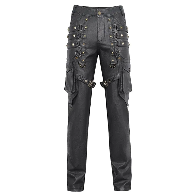 Herren-Gothic-Hose mit großen Taschen und bronzenen Nieten aus Kunstleder