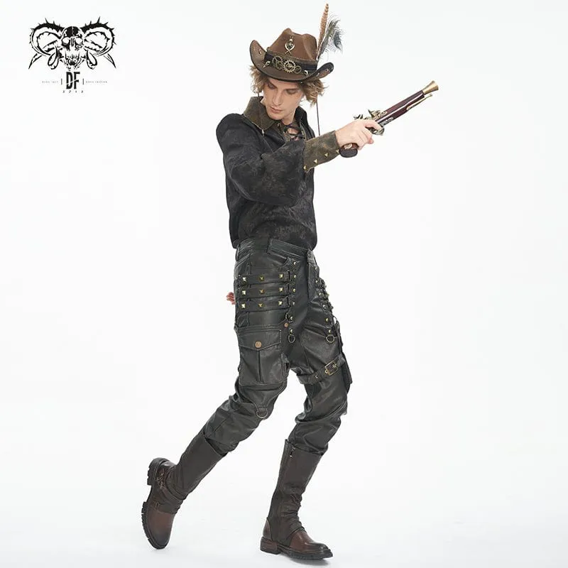 Herren-Gothic-Hose mit großen Taschen und bronzenen Nieten aus Kunstleder