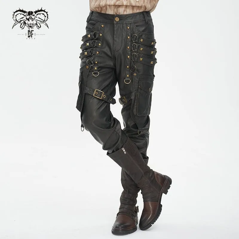 Herren-Gothic-Hose mit großen Taschen und bronzenen Nieten aus Kunstleder