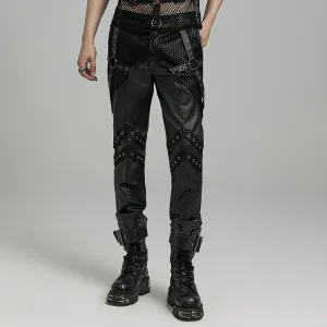 Herren Punk Rock Mesh-Splice Ösenriemen Kunstlederhose