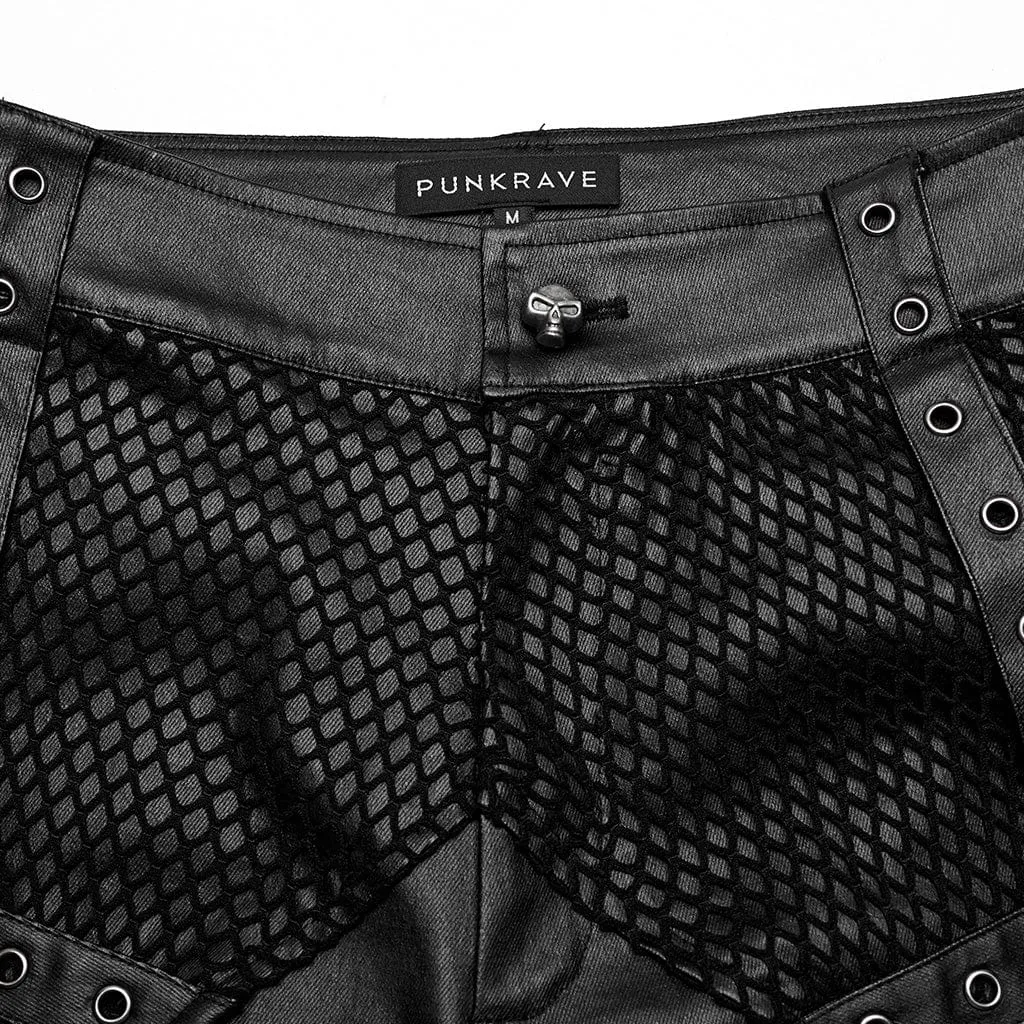 Herren Punk Rock Mesh-Splice Ösenriemen Kunstlederhose