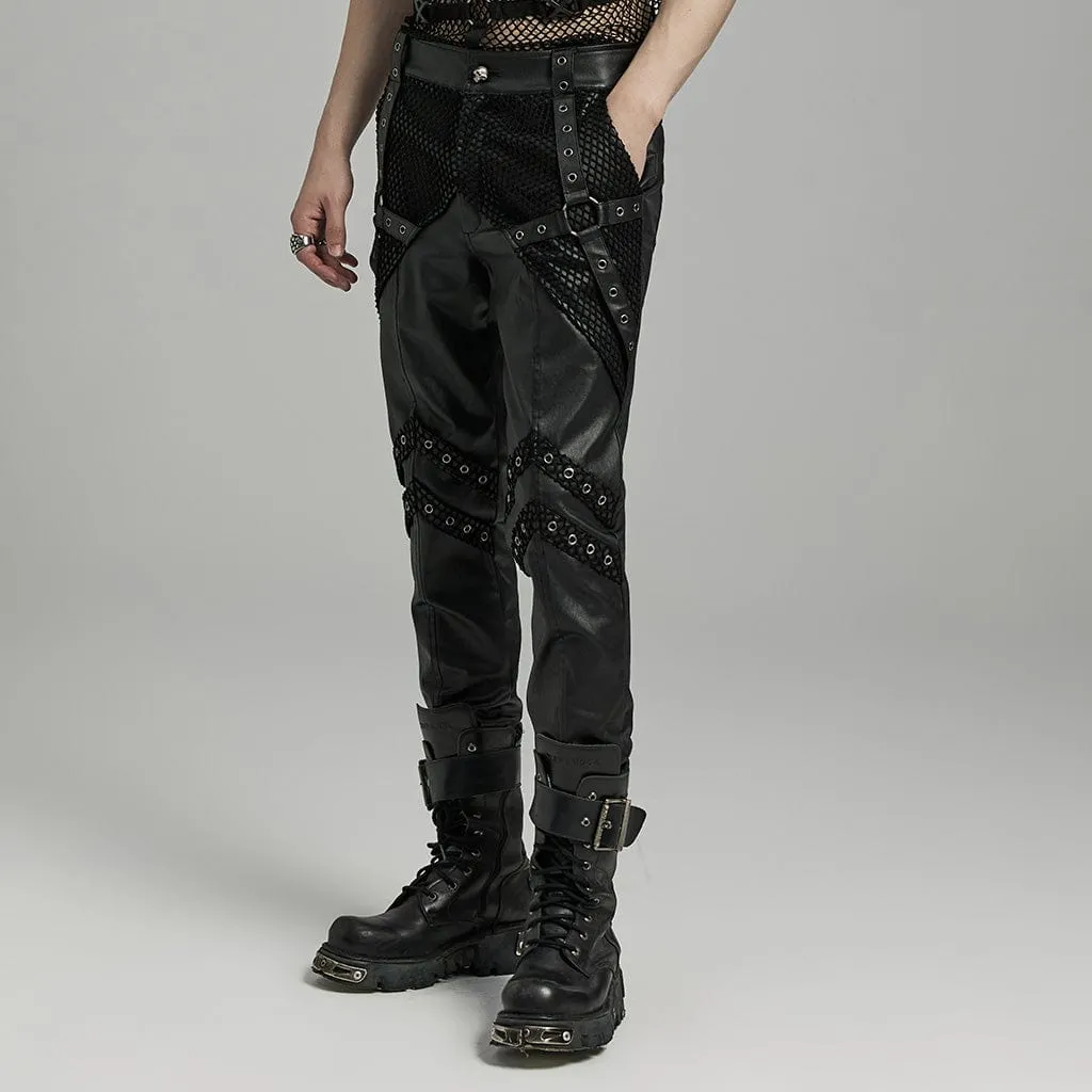 Herren Punk Rock Mesh-Splice Ösenriemen Kunstlederhose