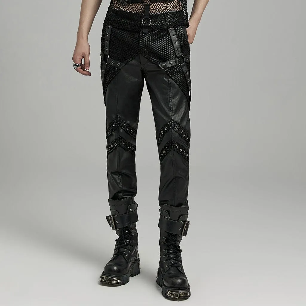 Herren Punk Rock Mesh-Splice Ösenriemen Kunstlederhose