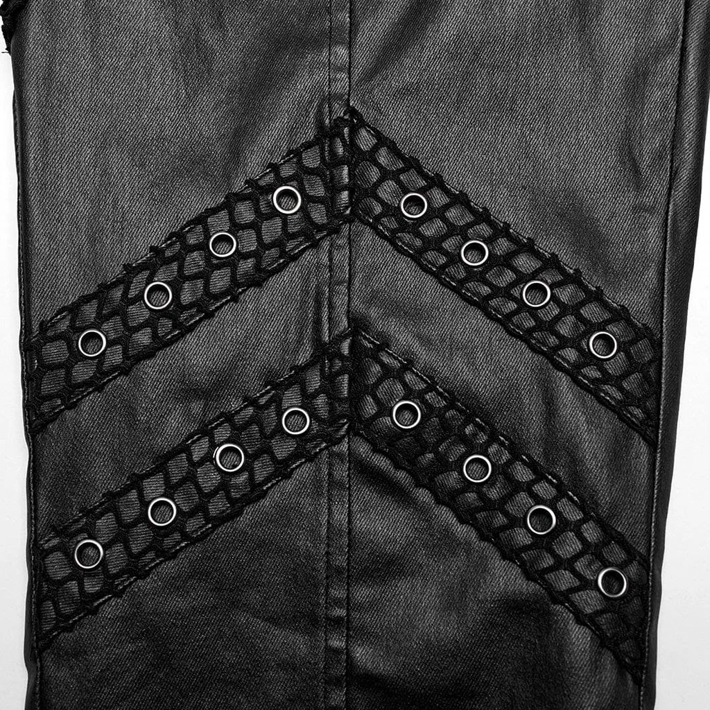 Herren Punk Rock Mesh-Splice Ösenriemen Kunstlederhose