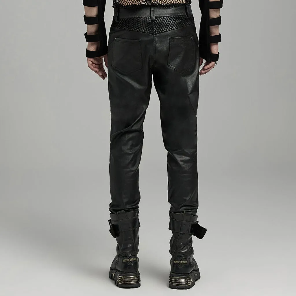 Herren Punk Rock Mesh-Splice Ösenriemen Kunstlederhose