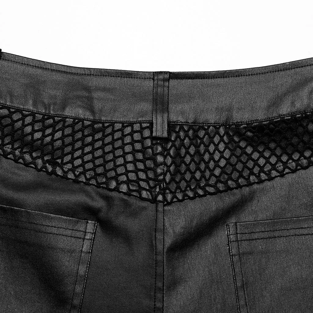 Herren Punk Rock Mesh-Splice Ösenriemen Kunstlederhose
