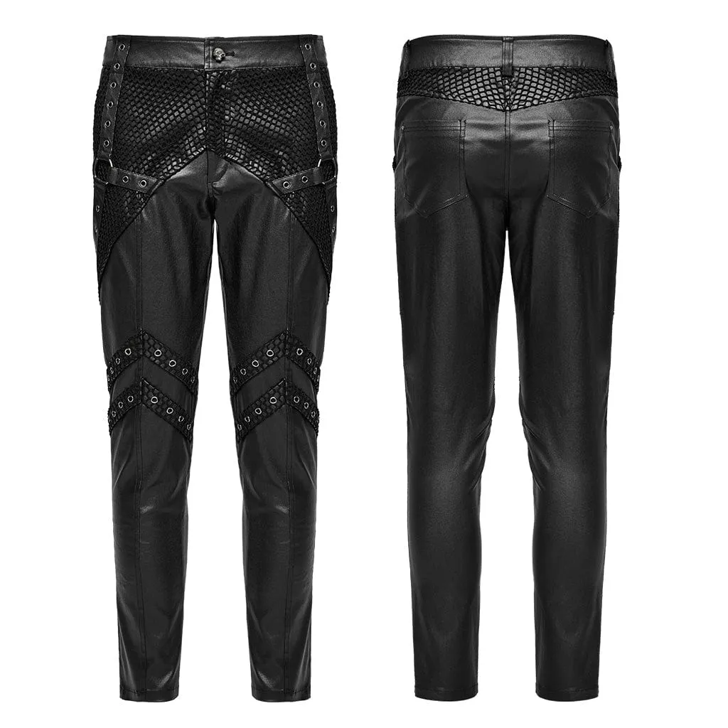 Herren Punk Rock Mesh-Splice Ösenriemen Kunstlederhose